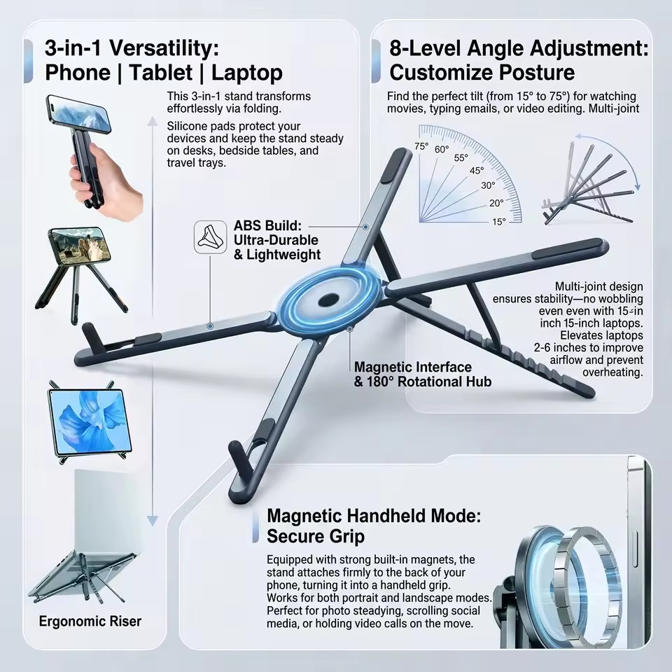 Laptop Stand - ที่วางโทรศัพท์แม่เหล็กแบบพกพาและไม้เซลฟี่ 3-in-1 ขาตั้งกล้องแบบพับได้สำหรับ iPhone iPad แท็บเล็ต